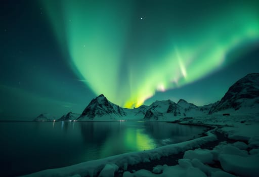 A stunning winter night landscape of the Lofoten Islands, Norway, showcasing the green aurora borealis over mountains and reflecting on the ocean.