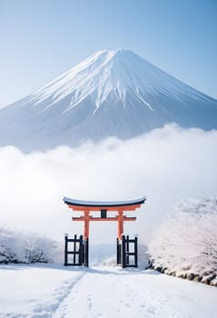 A minimal photograph of Japan's iconic Torii gate blanketed in snow, framed by a soft, bright-toned Mount Fuji background.