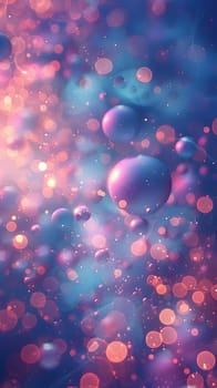 A cluster of bubbles in various shades of pink and magenta float in the air against an electric blue and purple background, creating a mesmerizing pattern in this artinspired event