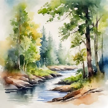 A tranquil watercolor painting of a forest landscape, featuring a calm river flowing through lush greenery under soft light.