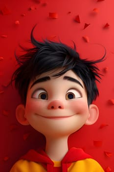 Animated boy smiling against a red backdrop with floating shapes in the air.