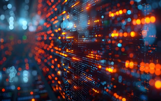An urban cityscape is illuminated by the electric blue and orange lights emanating from a hightech server room, creating a futuristic and captivating space event