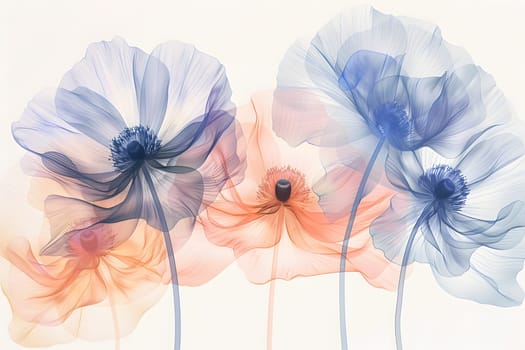 Elegant soft flowers displaying gentle blue and peach hues on a light background.