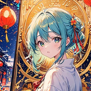 blue hair girl anime chinese new year lanterns. High quality illustration