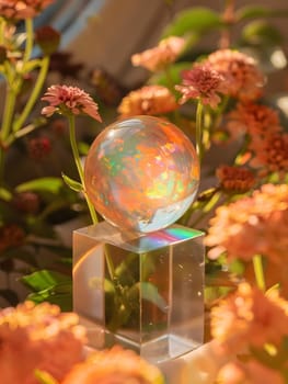 An annual plant in a flowerpot sits on a windowsill next to a clear cube with a clear glass ball on top, surrounded by colorful flowers and green leaves