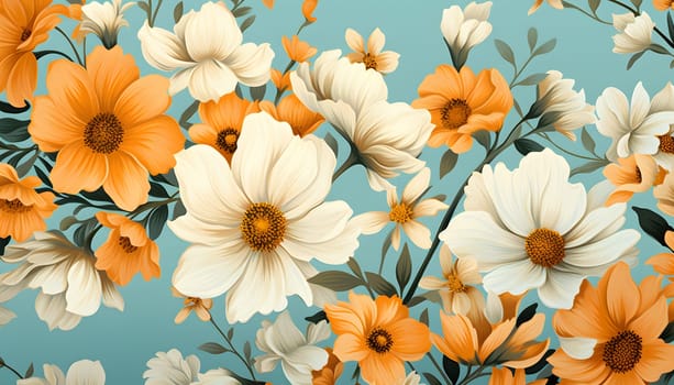 A vibrant painting showcasing delicate orange and white flowers set against a soothing blue background. The flowers appear to be gracefully swaying in the gentle breeze.