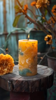 An orange candle is placed on a wooden table beside a vase of flowers, creating a cozy atmosphere with the flickering light and natural beauty