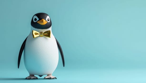 A charming penguin wearing gold bow tie stands against turquoise background, exuding playful and sophisticated vibe