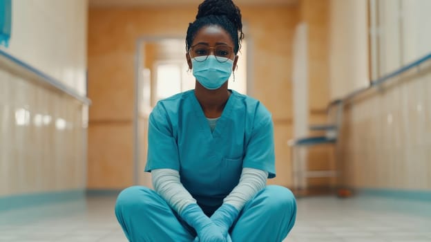 A Tired and overwhelmed, female nurse in scrubs sits on floor, wearing mask and gloves, reflecting challenges of healthcare