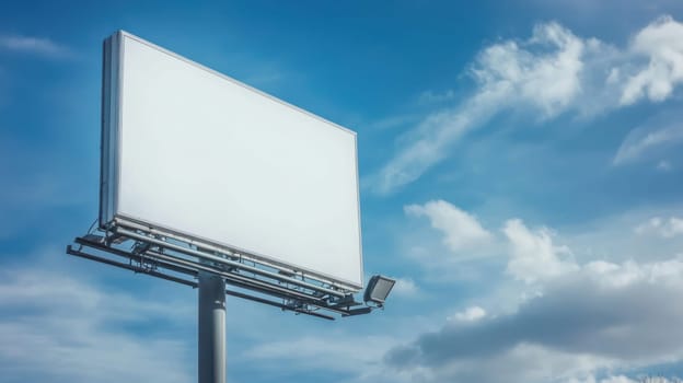 A blank billboard stands against blue sky with fluffy clouds, ready for advertising