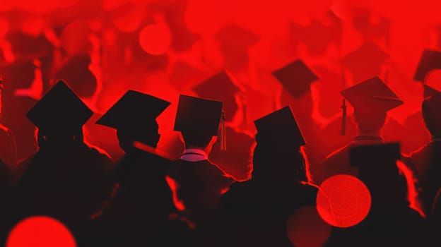 A Graduation ceremony with students wearing caps in vibrant red background, celebrating their achievements with joy and excitement