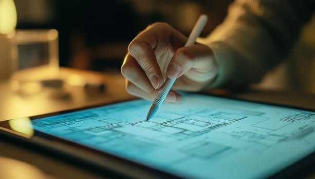 A person using stylus on digital display to create architectural plans, showcasing creativity and precision in design