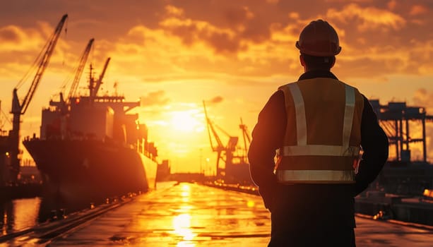 A port worker observes maritime operations at sunset, surrounded by cranes and ships, reflecting on day work
