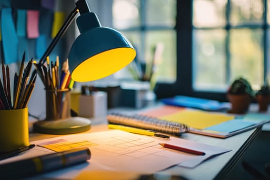 A modern desk lamp illuminates creative workspace filled with colorful stationery and notes, inspiring productivity and focus