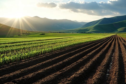 Amazing dawn over a green field of young shoots. Mountains in the background.