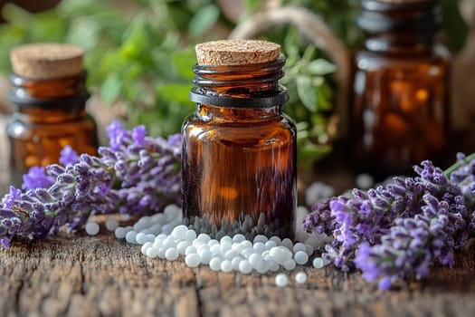 Three bottles with oil liquid from herbs, flowers and plants.