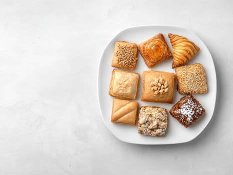 Minimalist arrangement of traditional Ramadan sweets on white plate for festive celebrations.