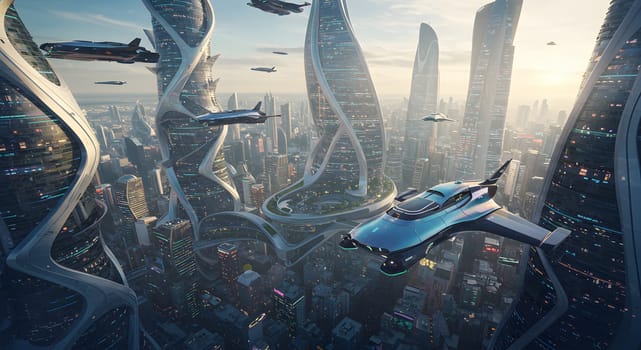 Futuristic digital artwork of a sprawling cityscape at sunset, featuring sleek skyscrapers and flying vehicles. Ideal for sci-fi book covers, tech branding, digital backgrounds, futuristic concept art