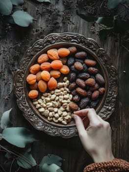 Exquisite mixed nuts, fresh dates, and dried apricots on ornate wooden platter for elegant entertaining.