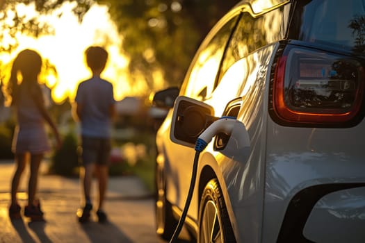 A Children play in suburban yard as electric car charges nearby, capturing moment of joy and innovation