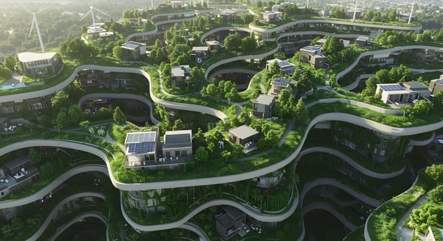 Futuristic digital artwork of a sprawling city with interconnected green terraces and buildings. Ideal for eco-friendly design projects, urban planning presentations, sustainable architecture concepts