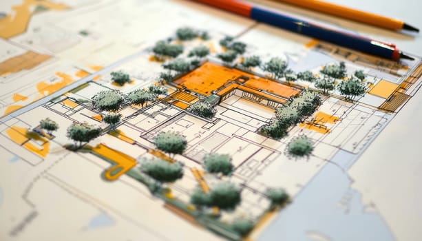 A Digital planning session focusing on architectural floor plans with trees