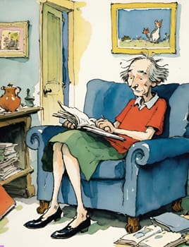 introvert pensioner reads a book in the room. International Introvert Day High quality illustration