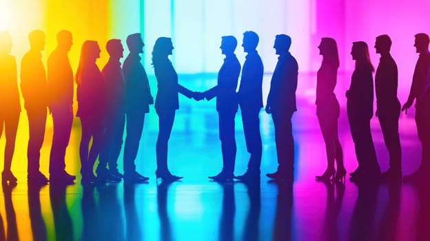 A Team members shaking hands in colorful setting, symbolizing unity and collaboration. vibrant background enhances welcoming atmosphere