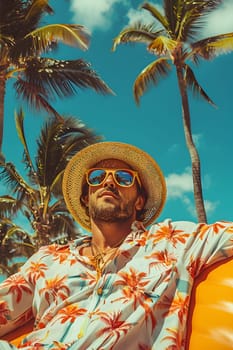 A man in a hat and sunglasses is relaxing on the sandy beach, surrounded by azure skies, towering palm trees, and fluffy white clouds