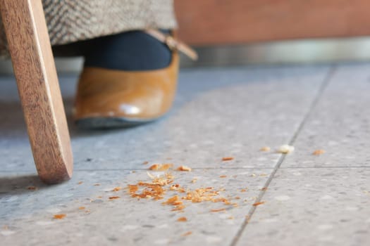 Close-Up of Crumbs Scattered on Brown Tile Floor Surface,.