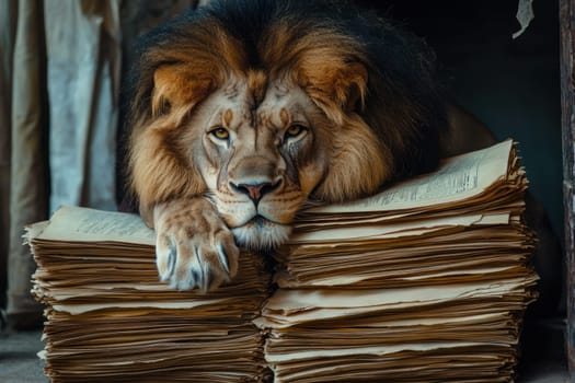 A Majestic lion resting its paw on stack of aged papers, exuding calmness and strength