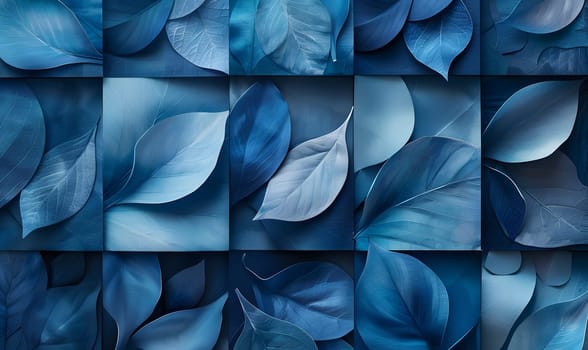 A collage of azure leaves on an electric blue background resembles petals floating in water. The textile art piece features a striking aqua color palette, creating a mesmerizing floral pattern