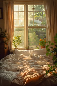 A comfortable bed made of wood is positioned in front of a window, allowing sunlight to filter through the shades. The hardwood flooring complements the plant by the window