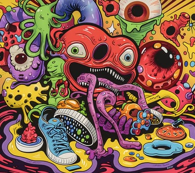 Colorful abstract cartoon with crazy characters, vibrant elements, trippy design