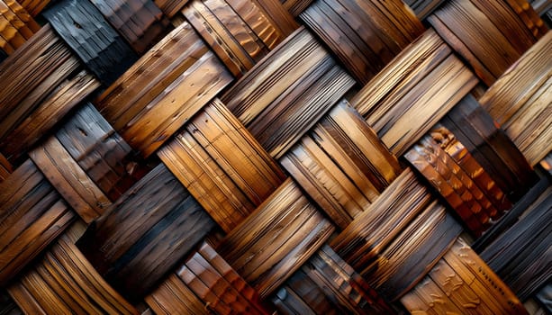 A closeup of a rectangular wooden basket with a brown wood stain. The hardwood basket features a intricate pattern of tints and shades, with metal accents