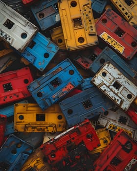 A colorful pile of cassette tapes creates a vibrant pattern against a backdrop of wooden rectangles, resembling a piece of art in electric blue hues