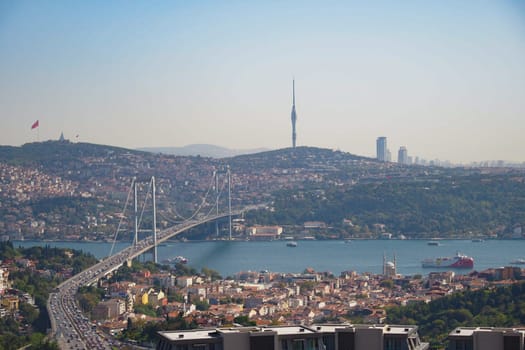 Panoramic capture showcasing a scenic urban landscape with bosphorus bridge,