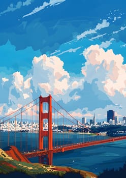 Golden Gate Bridge with stunning blue sky, fluffy white clouds, and cityscape view