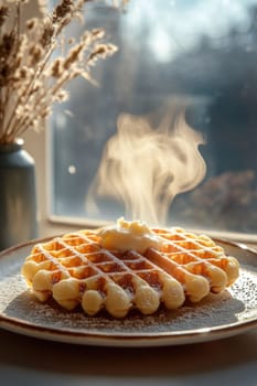 Tasty waffles: golden crust, syrup topping, sweet delight, baked treat, crispy texture, gourmet dessert, fluffy layers, warm pastry, delicious indulgence, breakfast favorite, sweet flavor