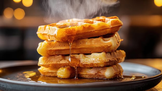 Sweet waffles: syrup drizzle, baked layers, crispy treat, golden texture, dessert favorite, warm pastry, fluffy delight, gourmet breakfast, indulgent flavor, perfect taste, tasty creation