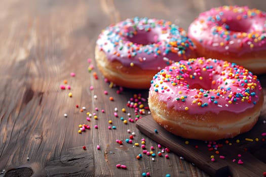 Three delectable donuts with pink frosting and colorful sprinkles arranged on a rustic wooden table, perfect for a sweet treat or dessert