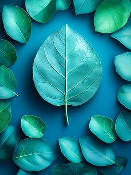 Vibrant teal leaves arranged artfully on a deep blue surface. Nature's beauty showcased in a still life composition.