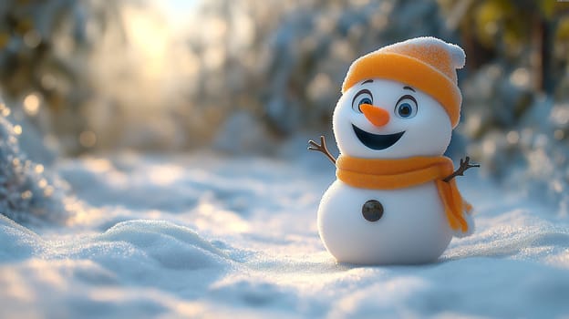 A cheerful snowman, with an orange hat and scarf, stands in a snowy landscape. The sun's rays sparkle on the snow, highlighting the snowman's joyful expression. Winter wonderland scene.
