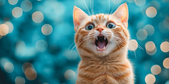 A ginger cat, wide-eyed and mouth agape, seems surprised or excited. The blurred teal background suggests a festive setting.