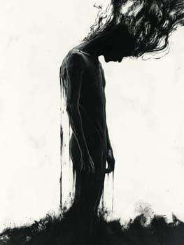 A figure, shrouded in dark, flowing paint, appears burdened. The artist uses dramatic brushstrokes to convey a sense of despair and overwhelming negativity.