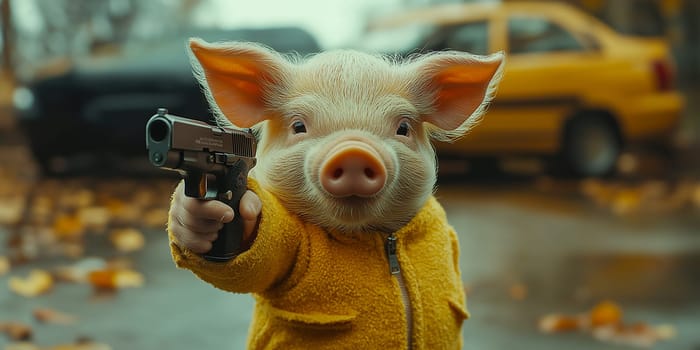 A pig, holding a gun, stands poised. Why? The scene is unclear, but a yellow cab is in the background.