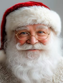 Santa Claus, wearing a traditional red and white hat, smiles warmly. His joyful expression and white beard suggest Christmas cheer.