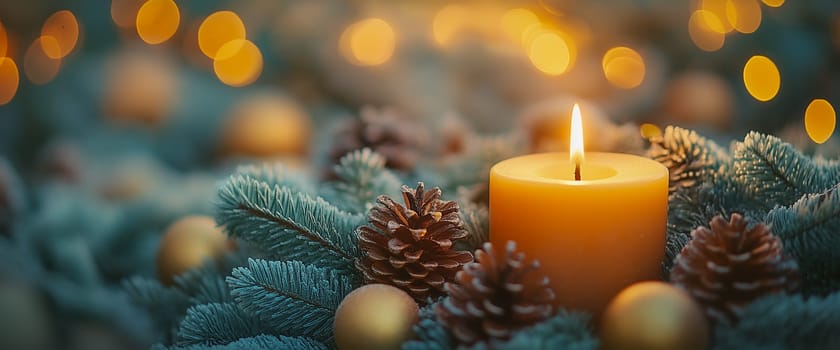 A warm Christmas candle glows, surrounded by festive pine boughs and pinecones. The soft light creates a cozy atmosphere.