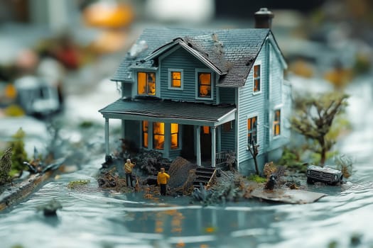 Miniature model: Flooded house. Two figures (possibly homeowners) survey the damage after a flood. A car is submerged. Disaster scene.