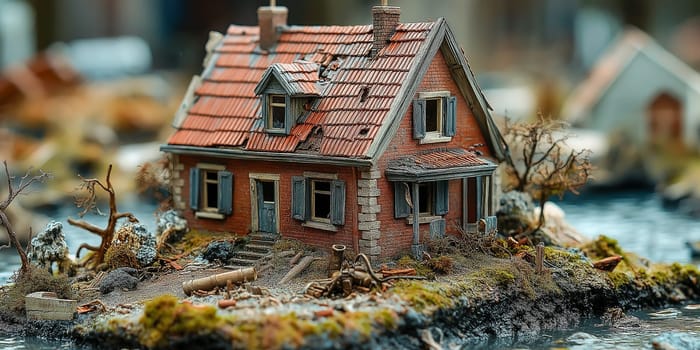 A miniature diorama depicts a damaged house (likely after a war or disaster). Debris and a pipe litter the scene, suggesting destruction. The model shows the aftermath.